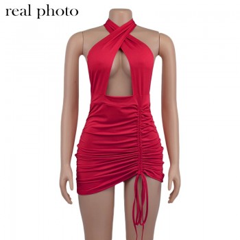 Simenual Drawstring Halter Neck Party Dresses Ruched Bandage Hot Sexy Club Night Birthday Outfit Women Skinny Mini Summer Dress